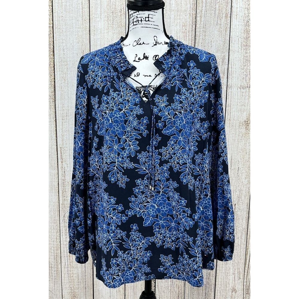 Tommy Hilfiger Blue Floral Blouse Size Medium Long Sleeve Tunic Lightweight - Picture 1 of 7